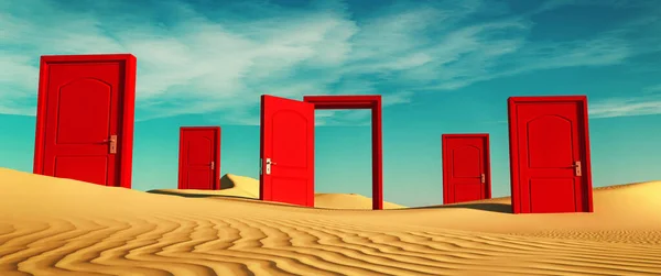 Multiple closed doors in the desert with one open . This is a 3d render illustration .
