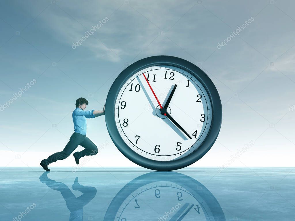 Man pushing a clock . Deadline and running out of time concept . This is a 3d render illustration .