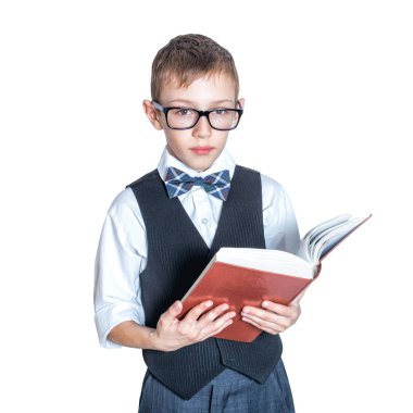 Yedi yıl yaşlı erkek çocuk heyecanla izole bir kitap okuyor