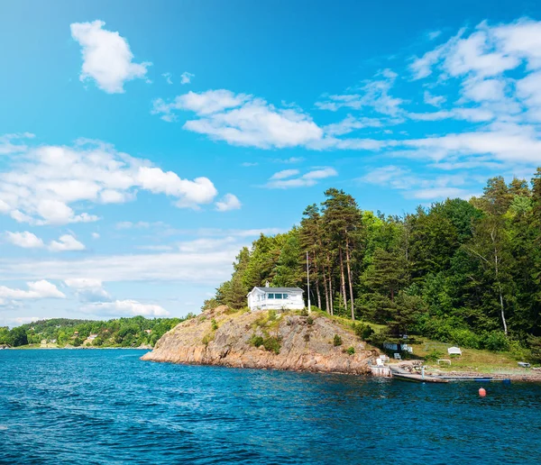 Kleine traditionele Noorse huis in de buurt van de zee met groene bos op de bergen — Stockfoto