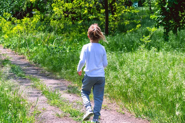 Klein Ondeugend Meisje Loopt Weg Het Bos — Stockfoto