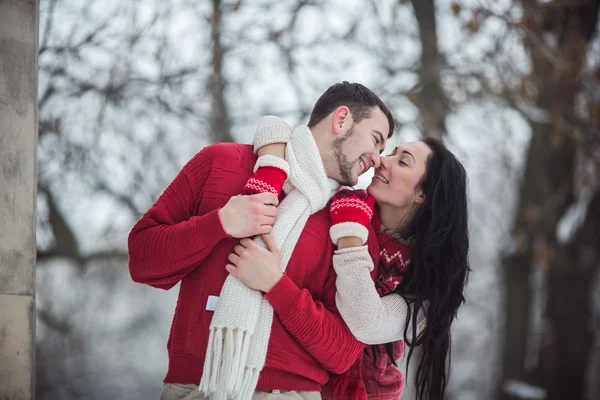 男と女の雪に覆われた公園でハグ — ストック写真