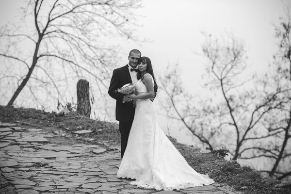 Lyckliga bruden och brudgummen poserar för kameran — Stockfoto