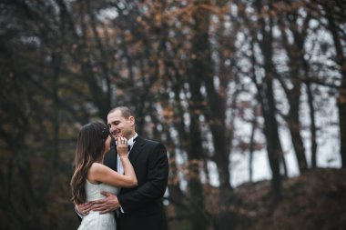 mutlu gelin ve damat sonbahar ormanda poz