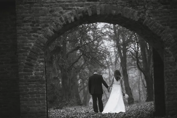 Happy bride and groom walking — Stock Photo, Image