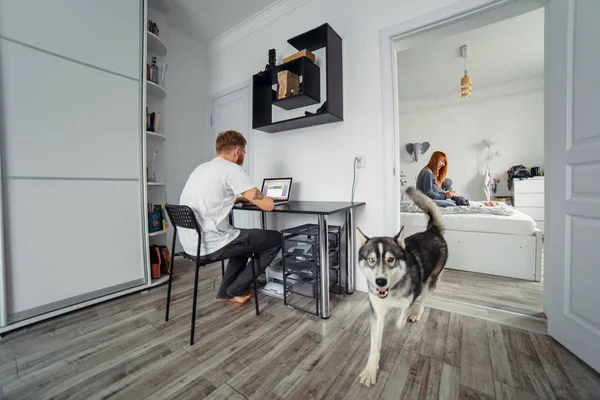 Dizüstü bilgisayar, anne ve bebek yatağı baba çalışıyor