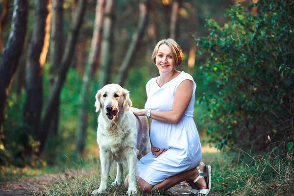 Hermosa mujer embarazada y su perro — Foto de Stock