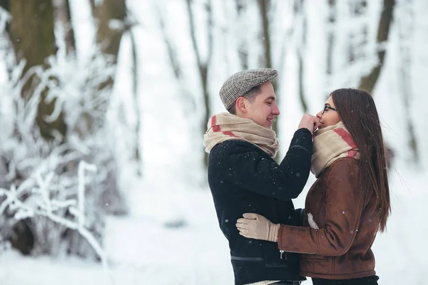 Pareja feliz en parque de nieve —  Fotos de Stock