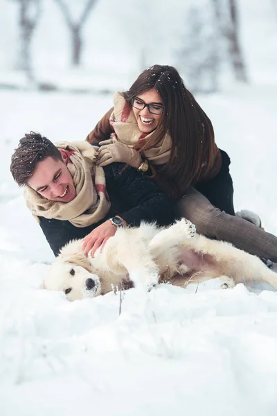 Jovem casal se divertindo no parque de inverno — Fotografia de Stock
