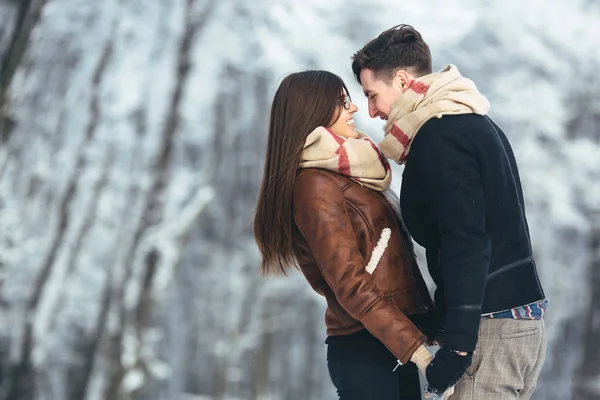 Счастливая пара в снежном парке — стоковое фото