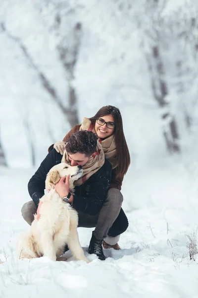 Jovem casal se divertindo no parque de inverno — Fotografia de Stock