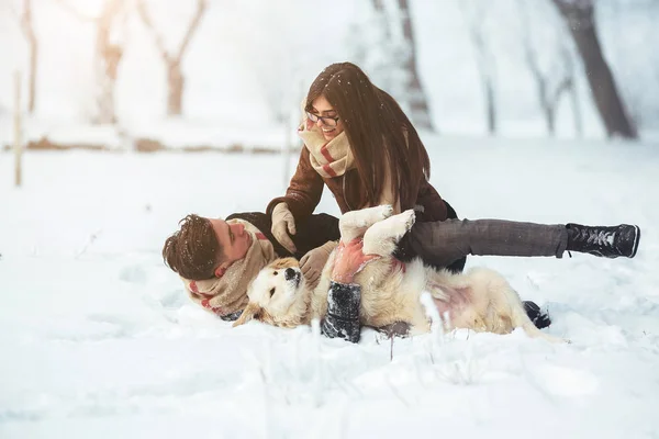 어린 부부가 겨울 공원에서 재미있게 놀고 있다 — 스톡 사진