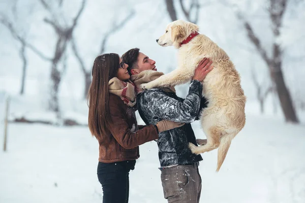 Jovem casal se divertindo no parque de inverno — Fotografia de Stock