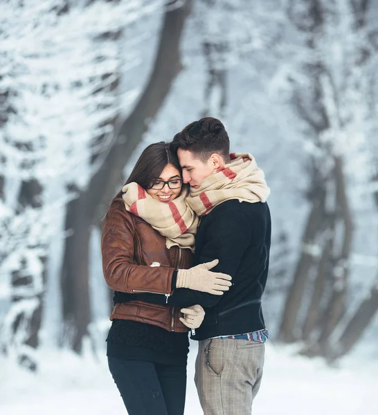 雪の公園で幸せなカップル — ストック写真