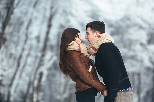 Casal feliz no parque de neve — Fotografia de Stock