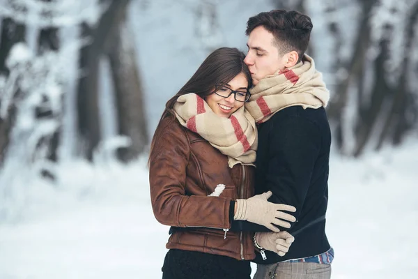 Happy couple in snow park — Stock Photo, Image