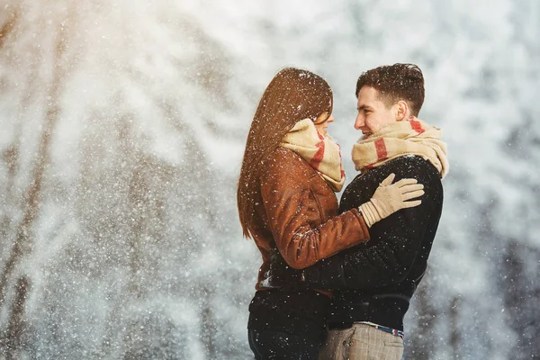 Happy couple in snow park — Stock Photo, Image