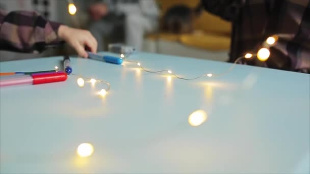 Happy little girl drawing at home — Stock Video