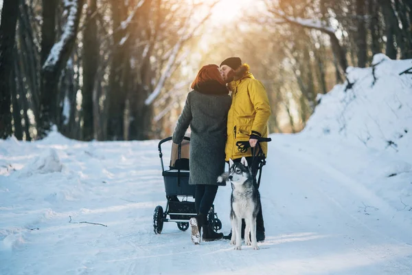 Família andando com o carrinho no inverno — Fotografia de Stock