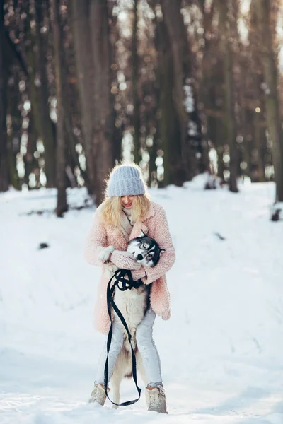 Красива дівчина з собакою хаски у засніжених лісах — стокове фото