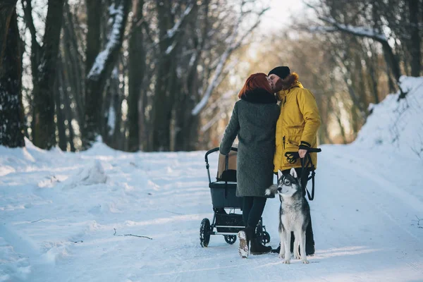 Promenade en famille avec la poussette en hiver — Photo