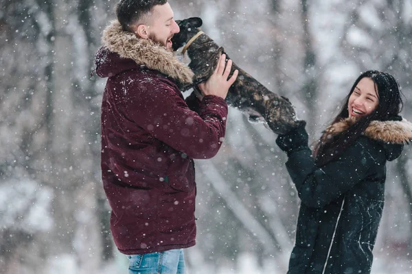 Casal jovem se divertindo na neve — Fotografia de Stock