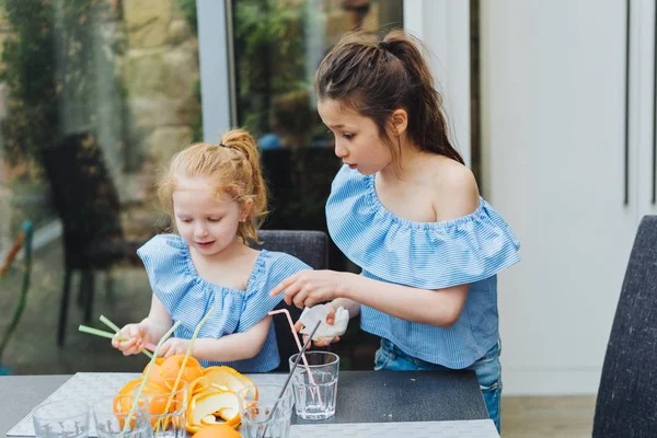 Two sisters drink juice in the kitchen — Stock Photo, Image