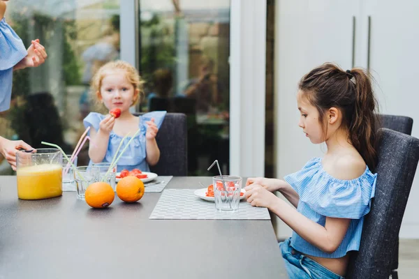 Two sisters drink juice in the kitchen — Stock Photo, Image