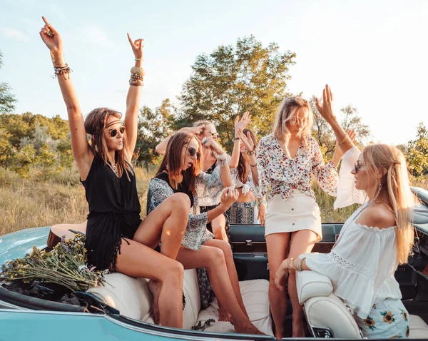 Seis meninas se divertir no campo — Fotografia de Stock