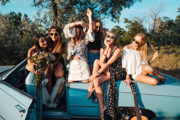Sex tjejer har kul på landet — Stockfoto