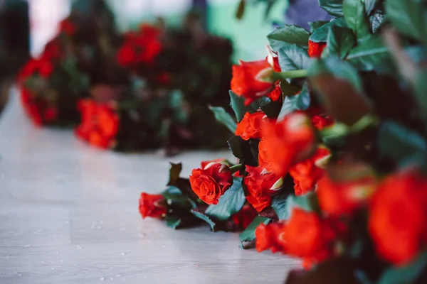 Свіжі розрізані червоні троянди лежать на столі — стокове фото