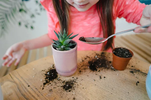 Bambina scava il terreno per roset con un cucchiaio — Foto Stock