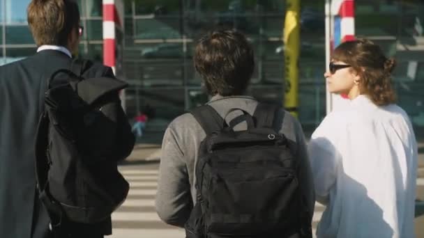 Deux hommes et femmes d'affaires traversent une route — Video