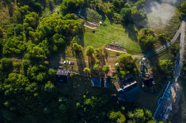 Aerial view Shot by Drone Village Small among mountains, forests, rice fields — Stock Photo, Image