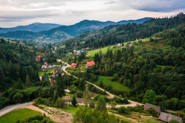 Aerial view Shot by Drone Village Small among mountains, forests, rice fields — Stock Photo, Image