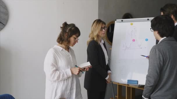 Επιχειρηματίες με λευκό πίνακα συζητούν στρατηγική σε μια συνάντηση — Αρχείο Βίντεο