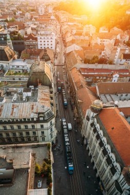 Zagreb Hırvatistan. Ban Jelacic Meydanı 'nın yukarısından hava görüntüsü
