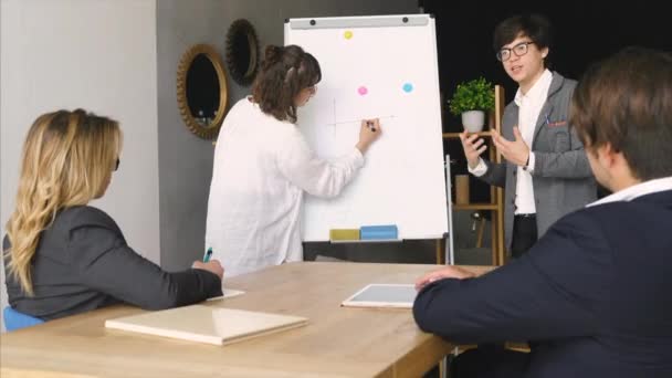 会議で戦略を議論するホワイトボードを持つビジネスの人々 — ストック動画