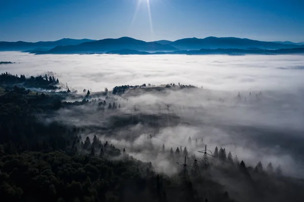 Luchtfoto van kleurrijke gemengd bos, op een mooie herfstdag in ochtend mist gehuld — Stockfoto