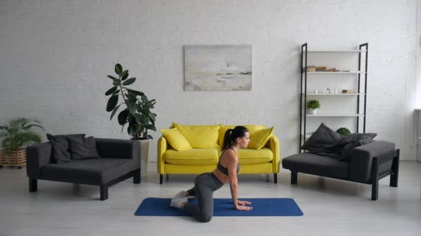 Beautiful young woman does exercises for the abdomen on the rug in the room — Stock Video