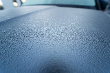 Arabanın kaputu üzerine yağmur damlaları. Yakın çekim.