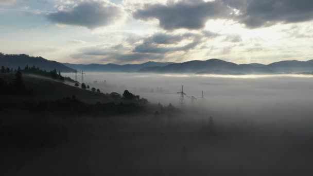 Αεροφωτογραφία του πολύχρωμο μικτό δάσος τυλιγμένη στην ομίχλη το πρωί σε μια όμορφη φθινοπωρινή μέρα — Αρχείο Βίντεο