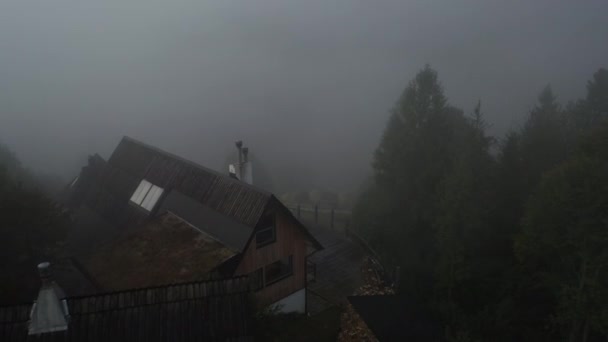 Árboles y casa en la niebla — Vídeos de Stock