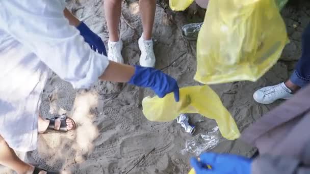 Grupo de ativistas amigos coletando resíduos de plástico no parque. Conservação do ambiente . — Vídeo de Stock