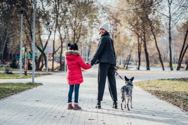 Mutlu anne ve kızı güz parkında köpekle yürüyor.