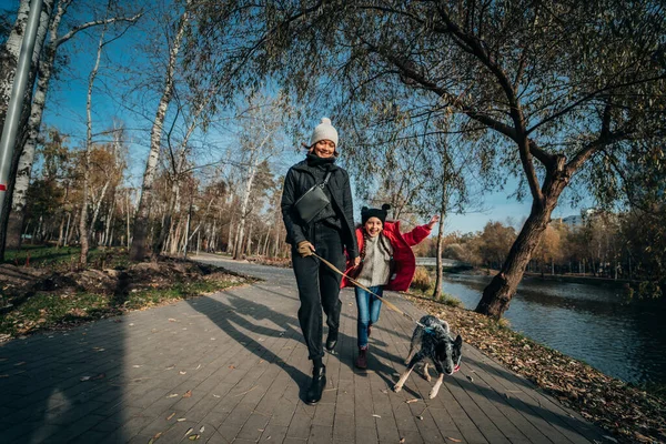 Mère heureuse et sa fille marchent avec le chien dans le parc d'automne — Photo