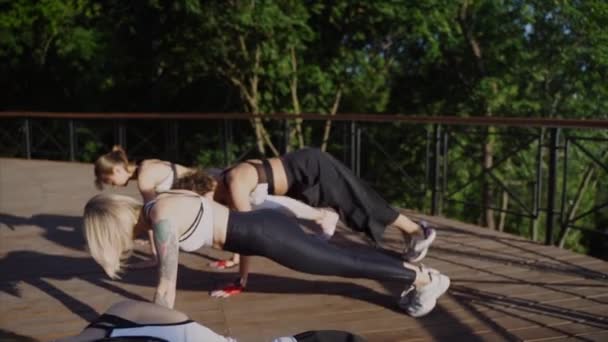 Mulheres bonitas a fazer força. Meninas está envolvida em exercícios matinais . — Vídeo de Stock