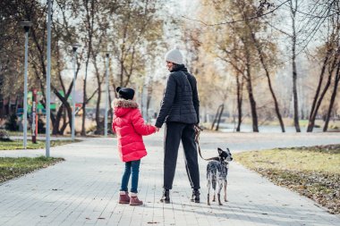 Mutlu anne ve kızı güz parkında köpekle yürüyor.