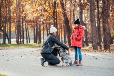 Mutlu anne ve kızı sonbahar parkında köpekle oynuyorlar.