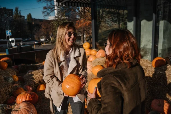 Girls holds pumpkins in hands. Outdoor photo. — Stockfoto